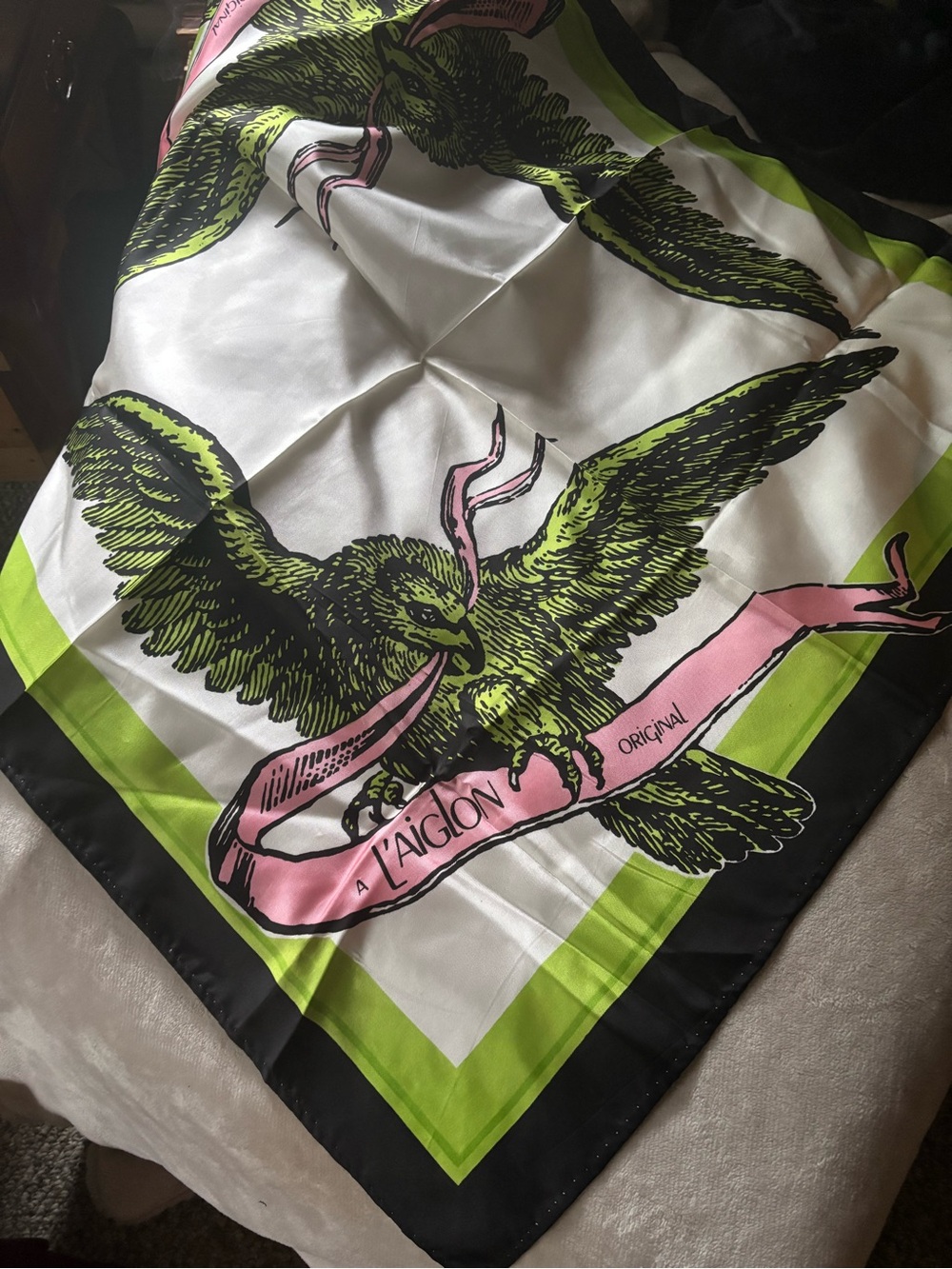 Laiglon French Silk Bird Print Scarf in White, Lime & Pink